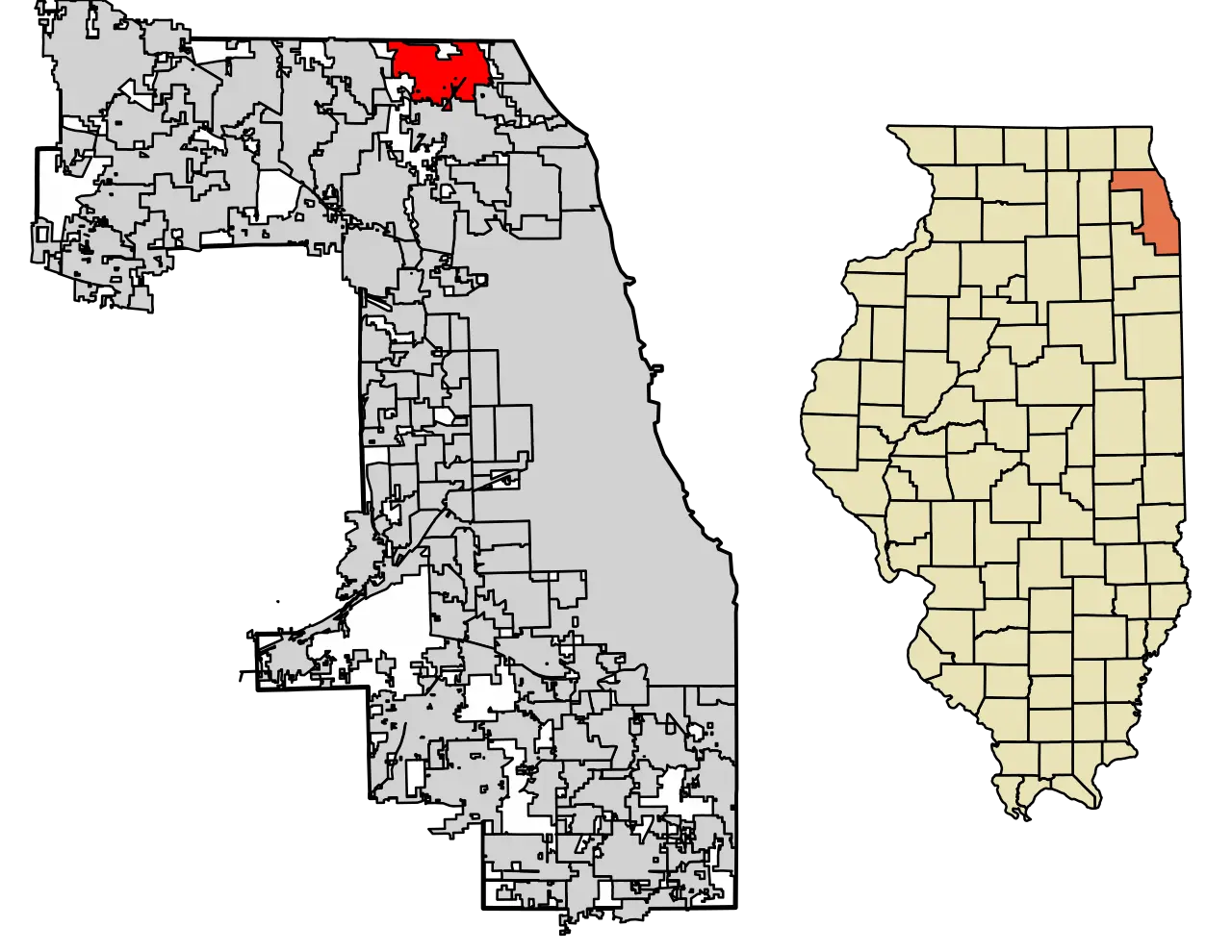 Side-by-side county maps: left map shows many gray counties with a red-highlighted county at the top; right map uses beige counties with a red-highlighted northeast county.