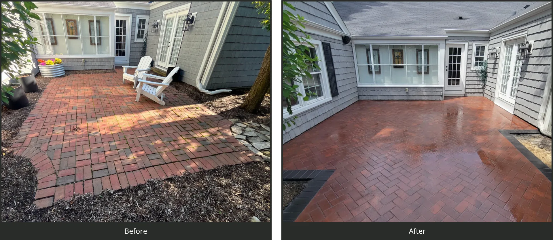 Before and after brick patio transformation by Stone & Brick Masonry Group