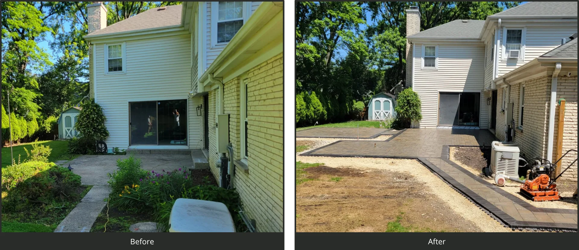 Before and after brick patio and walkway installation by Stone & Brick Masonry Group