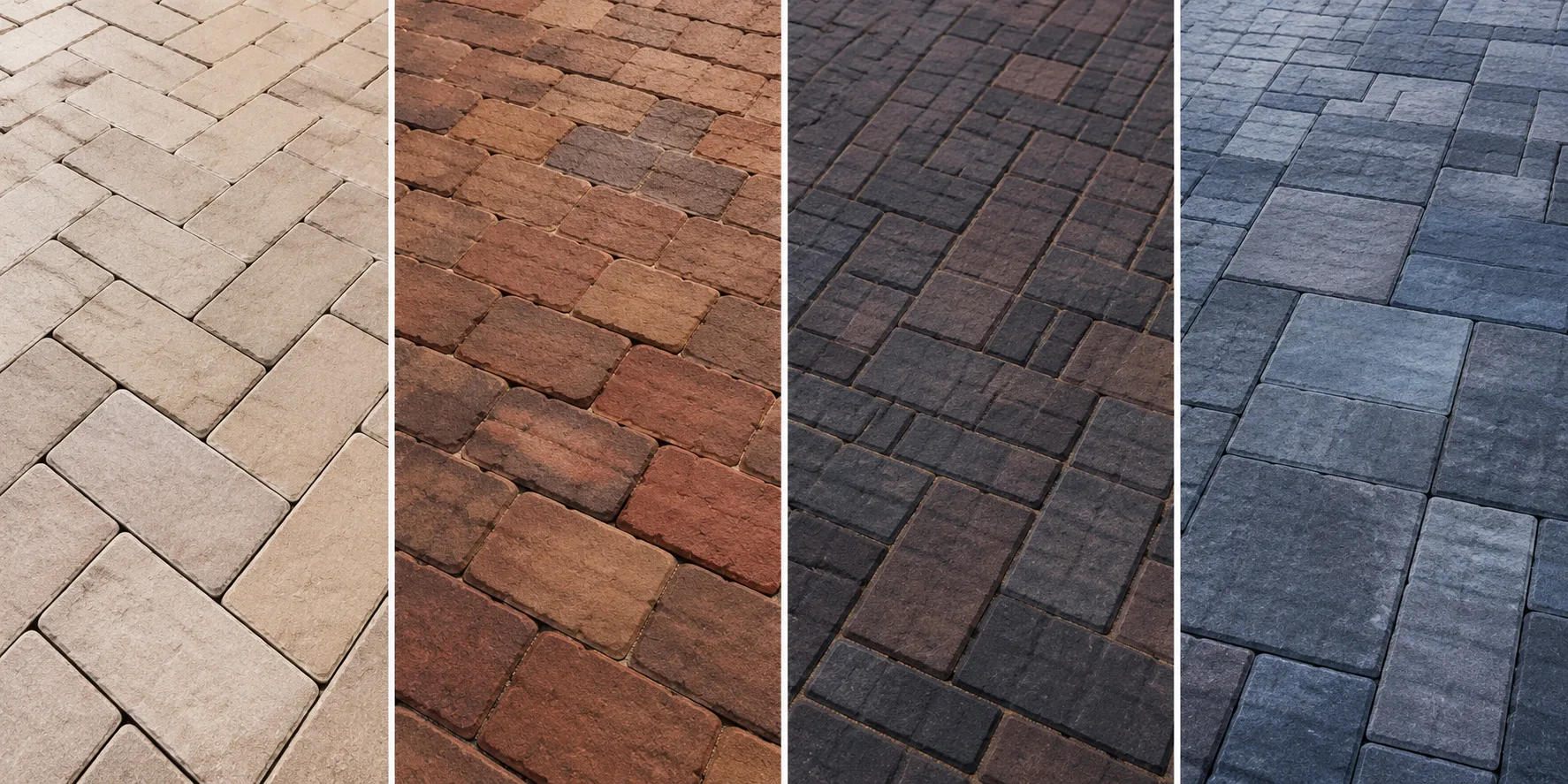 Four brick patio design options featuring light, brown, charcoal and blue-gray paver styles.