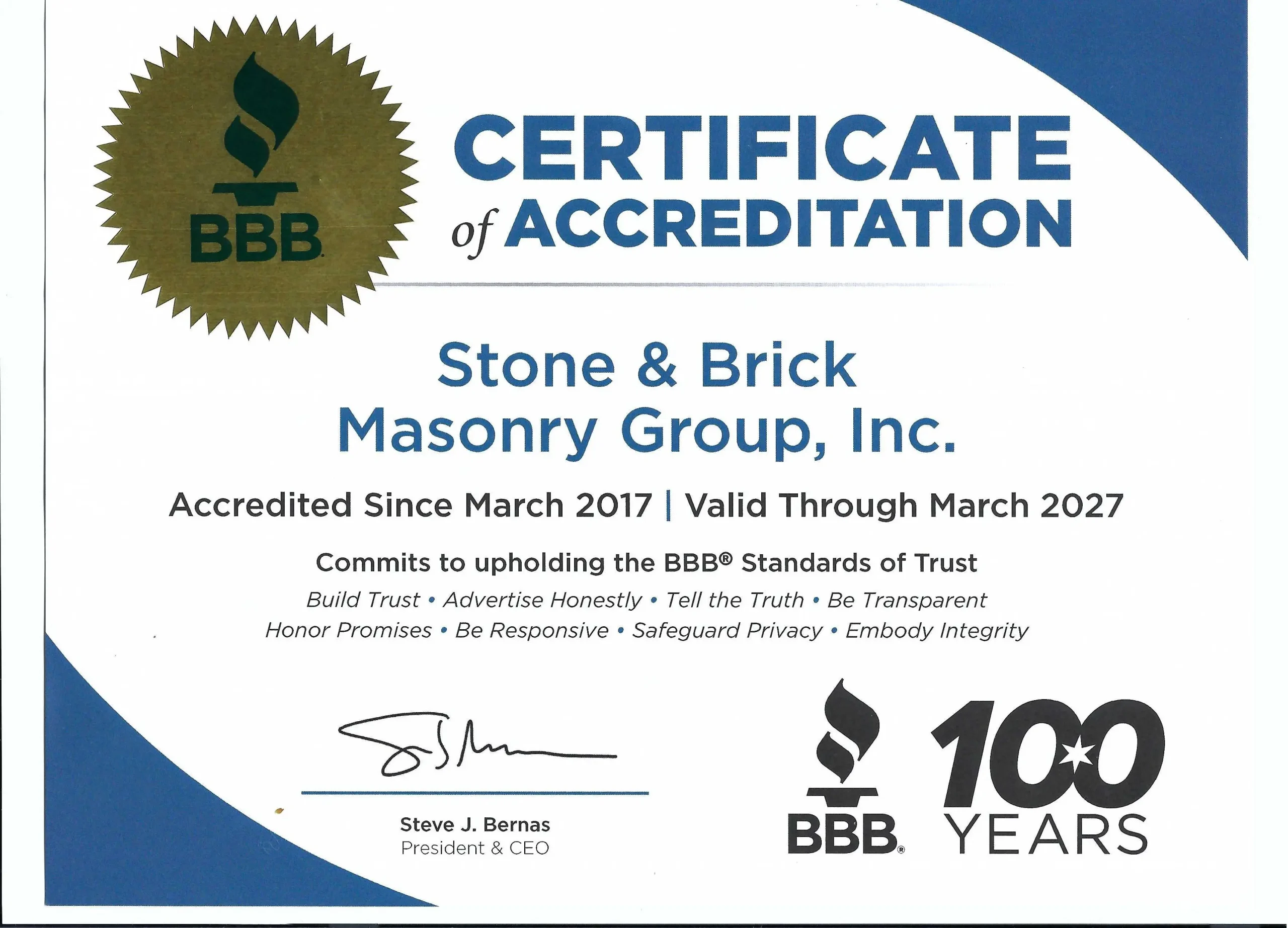 Better Business Bureau (BBB) Certificate of Accreditation for Stone & Brick Masonry Group, Inc. – Accredited Since March 2017